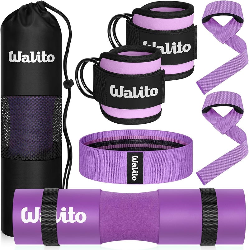 WALITO 7Pcs Barbell Pad Set for Hip Thrust - Squat Pad,Gym Accessories for Women with Bar Bad,Bench Press, with Gym Ankle Straps,Resistance Bands for Working Out,Lifting Strap,Carry Bag - Image 1